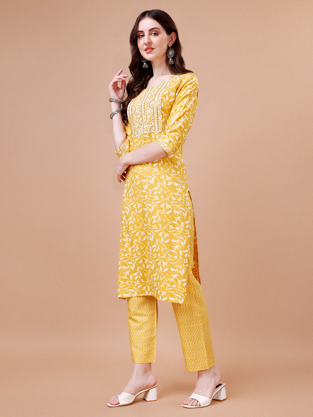 Embroidered & Floral Printed Cotton Kurta With Pant & Dupatta Set, Multicolor - Hiral Fashion - Distacart
