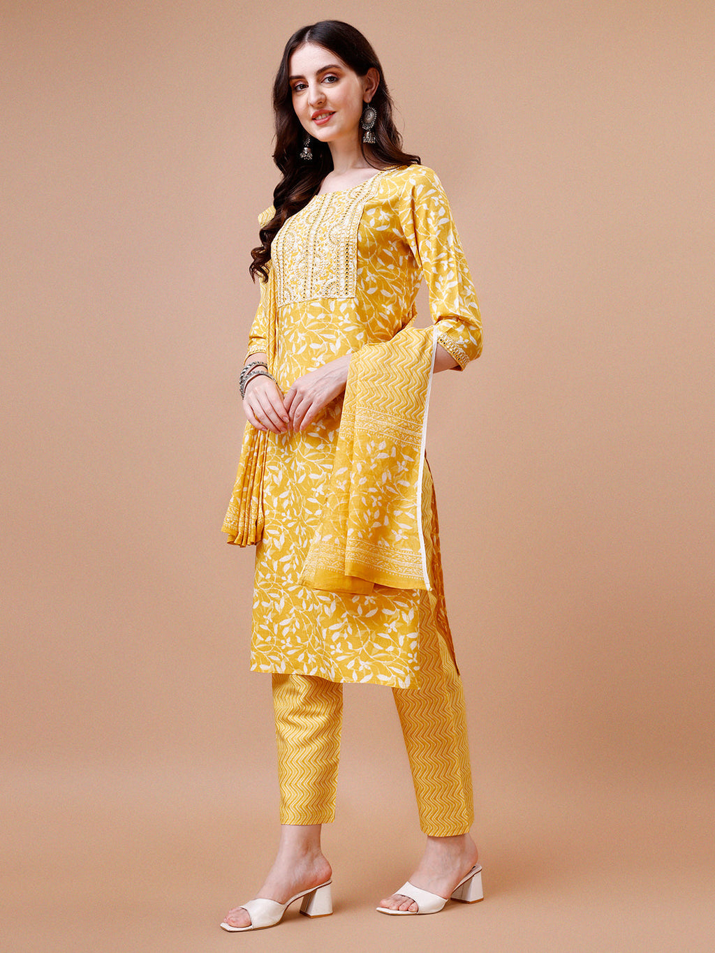 Embroidered & Floral Printed Cotton Kurta With Pant & Dupatta Set, Multicolor - Hiral Fashion - Distacart