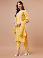 Embroidered & Floral Printed Cotton Kurta With Pant & Dupatta Set, Multicolor - Hiral Fashion - Distacart