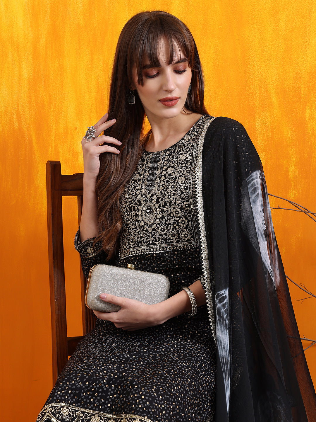 Embroidered & Bandhani Printed Kurta With Pant & Dupatta, Black - Hiral Fashion