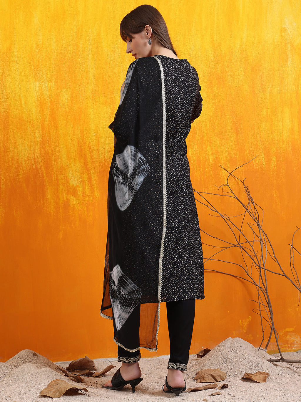 Embroidered & Bandhani Printed Kurta With Pant & Dupatta, Black - Hiral Fashion