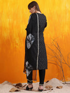 Embroidered & Bandhani Printed Kurta With Pant & Dupatta, Black - Hiral Fashion