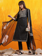 Embroidered & Bandhani Printed Kurta With Pant & Dupatta, Black - Hiral Fashion