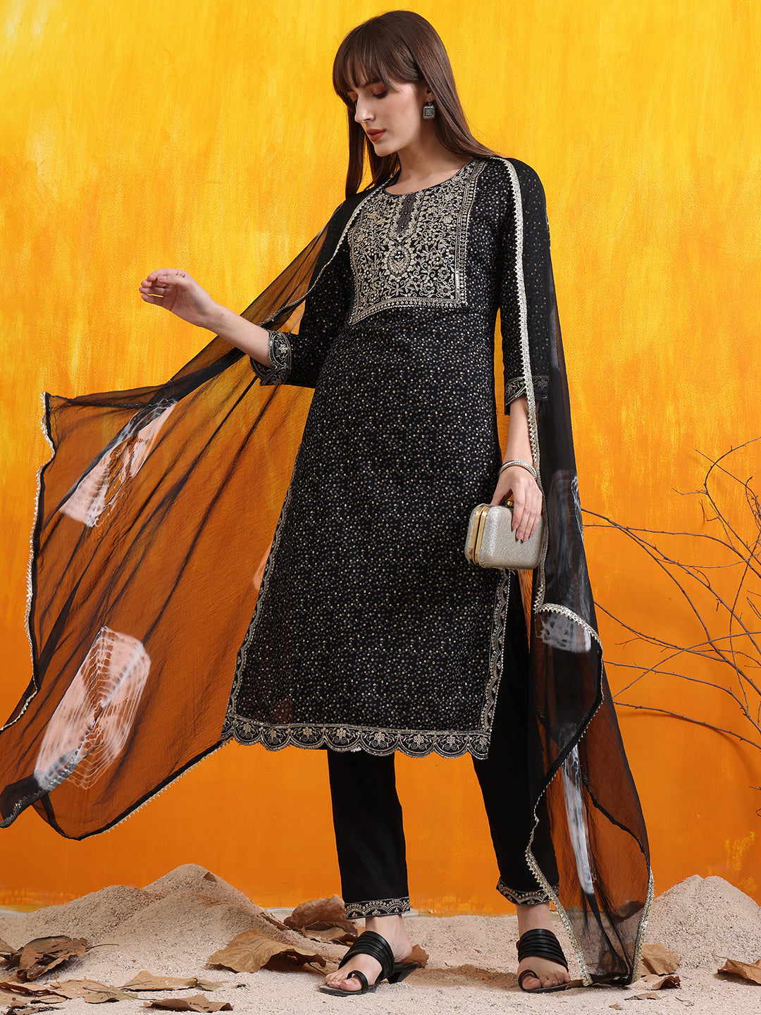 Embroidered & Bandhani Printed Kurta With Pant & Dupatta, Black - Hiral Fashion
