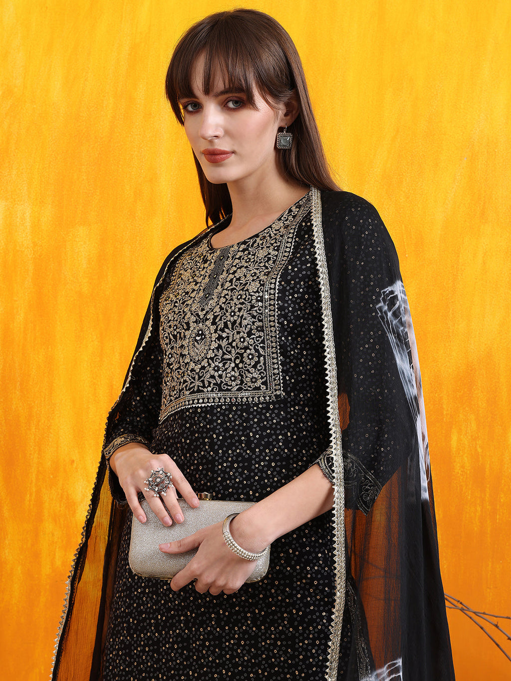 Embroidered & Bandhani Printed Kurta With Pant & Dupatta, Black - Hiral Fashion