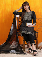 Embroidered & Bandhani Printed Kurta With Pant & Dupatta, Black - Hiral Fashion