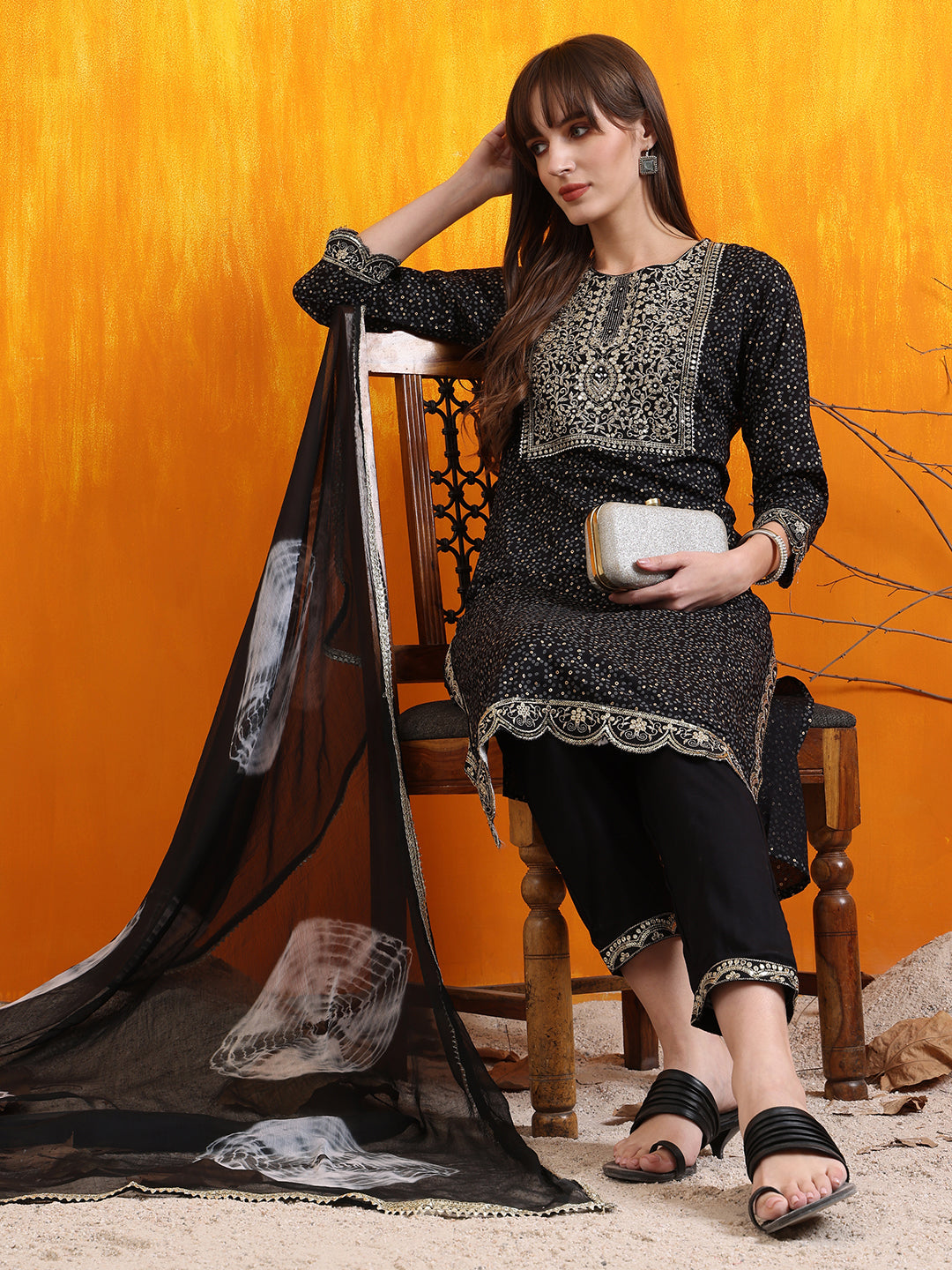 Embroidered & Bandhani Printed Kurta With Pant & Dupatta, Black - Hiral Fashion