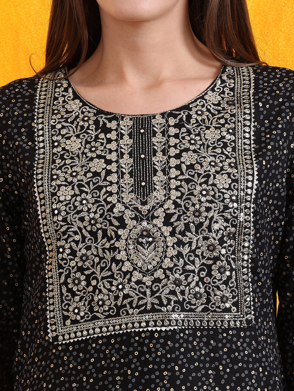 Embroidered & Bandhani Printed Kurta With Pant & Dupatta, Black - Hiral Fashion