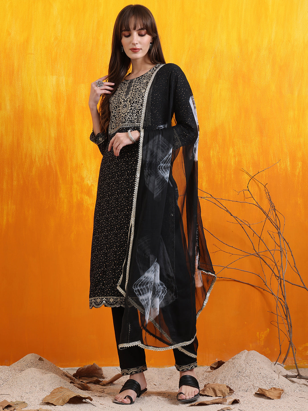 Embroidered & Bandhani Printed Kurta With Pant & Dupatta, Black - Hiral Fashion