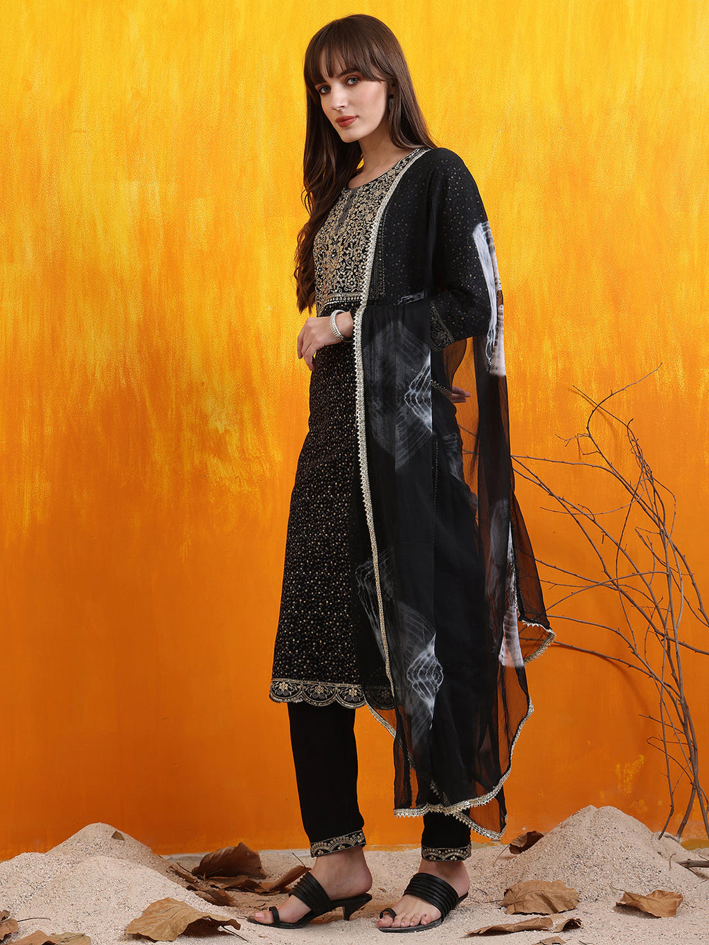 Embroidered & Bandhani Printed Kurta With Pant & Dupatta, Black - Hiral Fashion