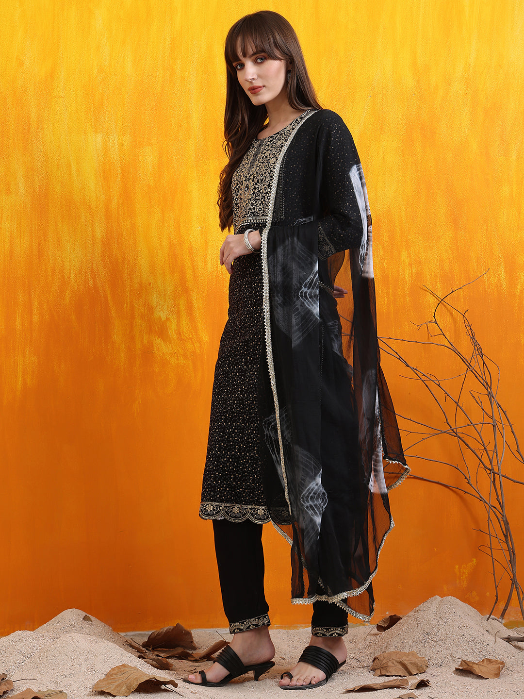 Embroidered & Bandhani Printed Kurta With Pant & Dupatta, Black - Hiral Fashion