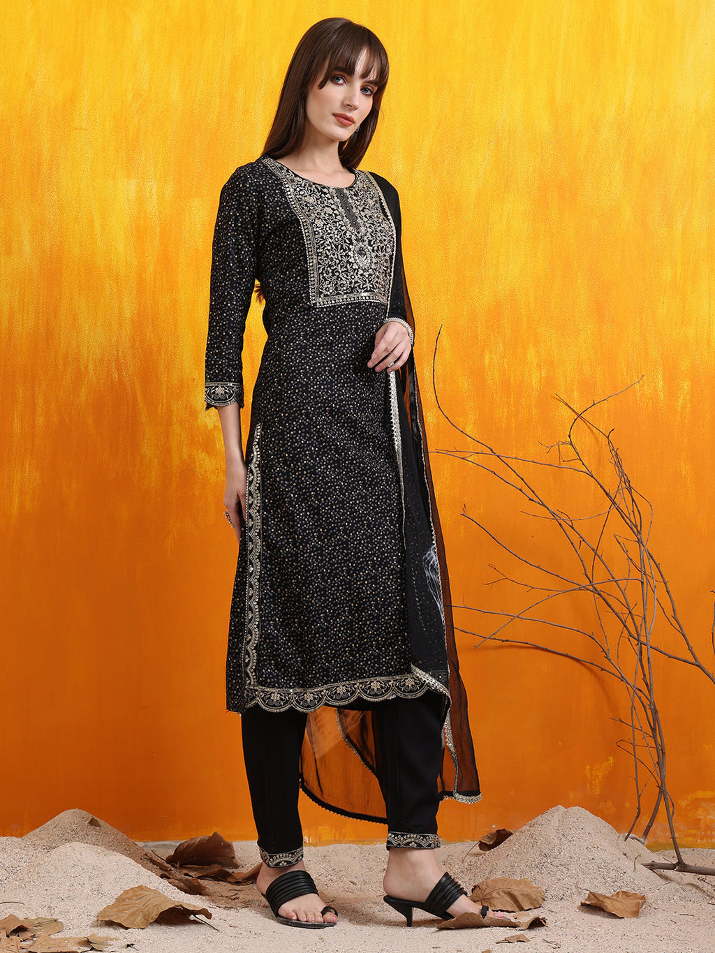 Embroidered & Bandhani Printed Kurta With Pant & Dupatta, Black - Hiral Fashion