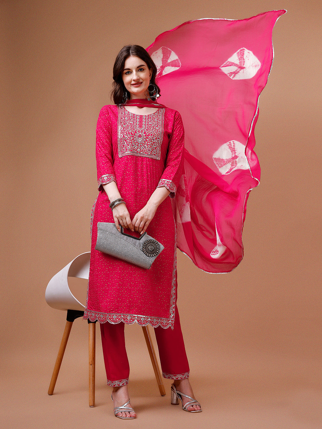 Yoke & Hem Embroidered Bandhani Printed Kurta,Pant & Dupatta Set, Multicolor - Hiral Fashion