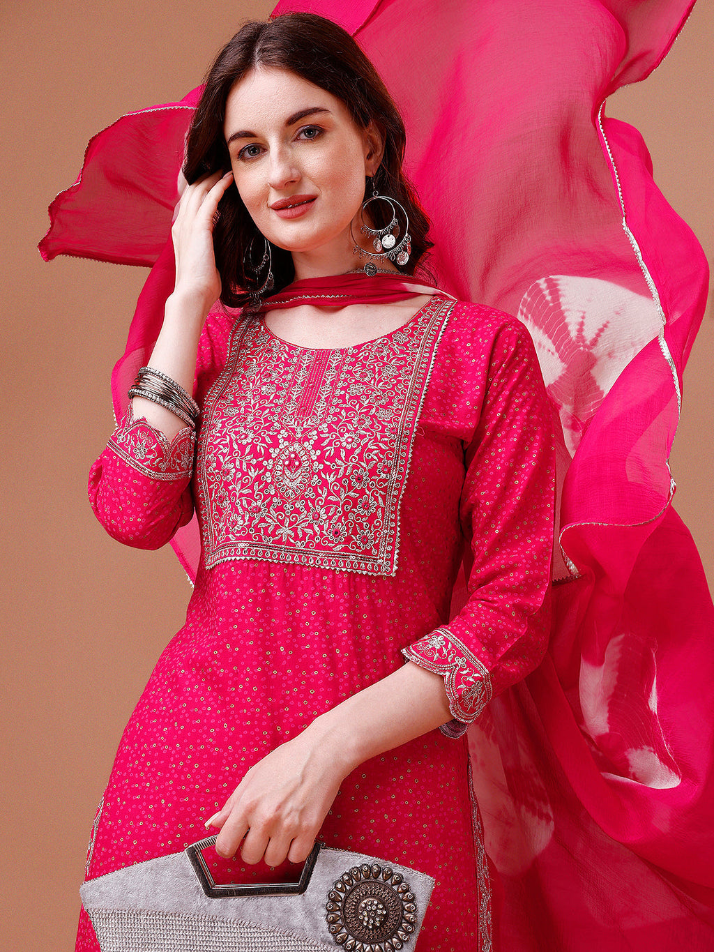 Yoke & Hem Embroidered Bandhani Printed Kurta,Pant & Dupatta Set, Multicolor - Hiral Fashion