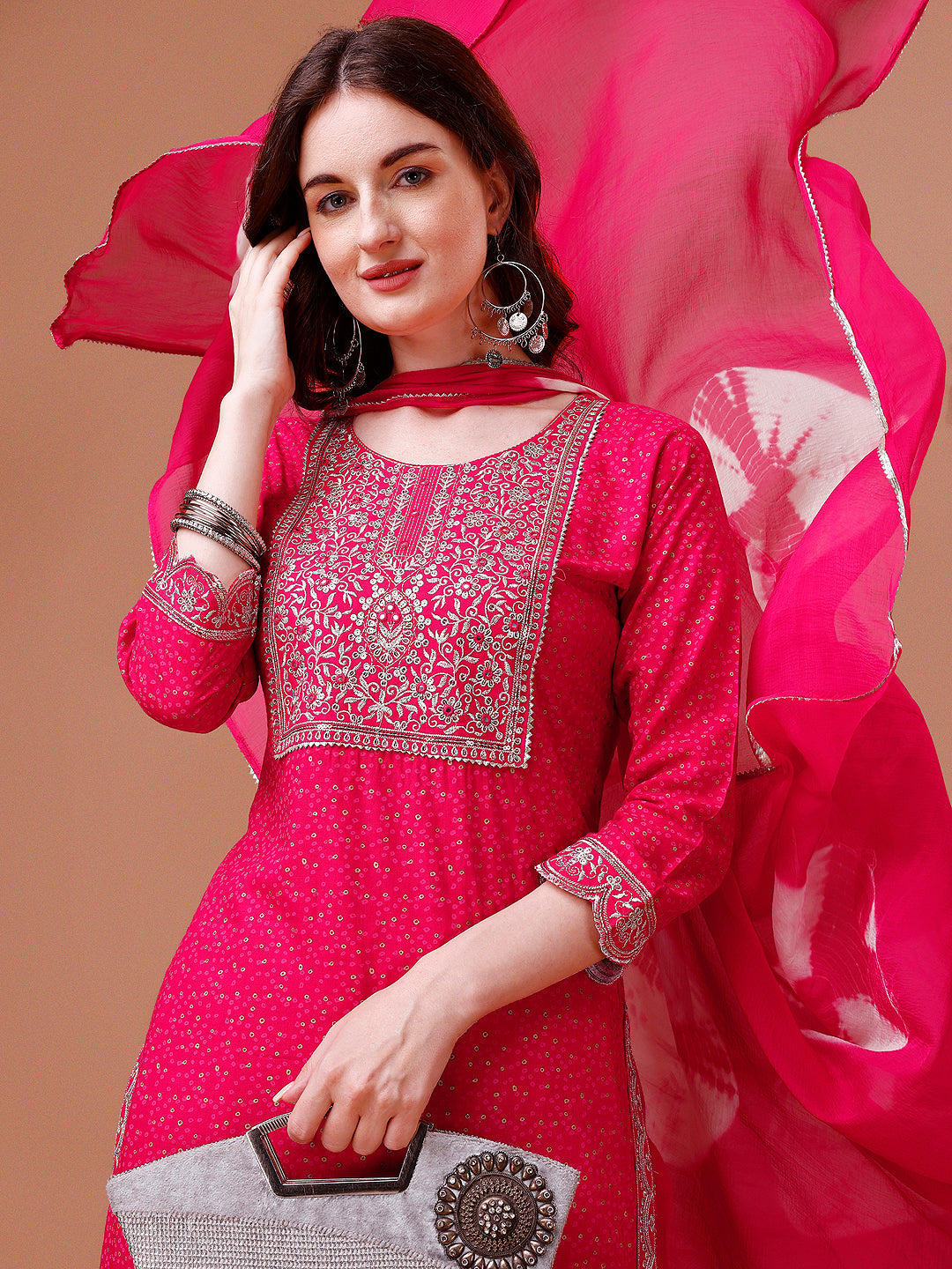 Yoke & Hem Embroidered Bandhani Printed Kurta,Pant & Dupatta Set, Multicolor - Hiral Fashion