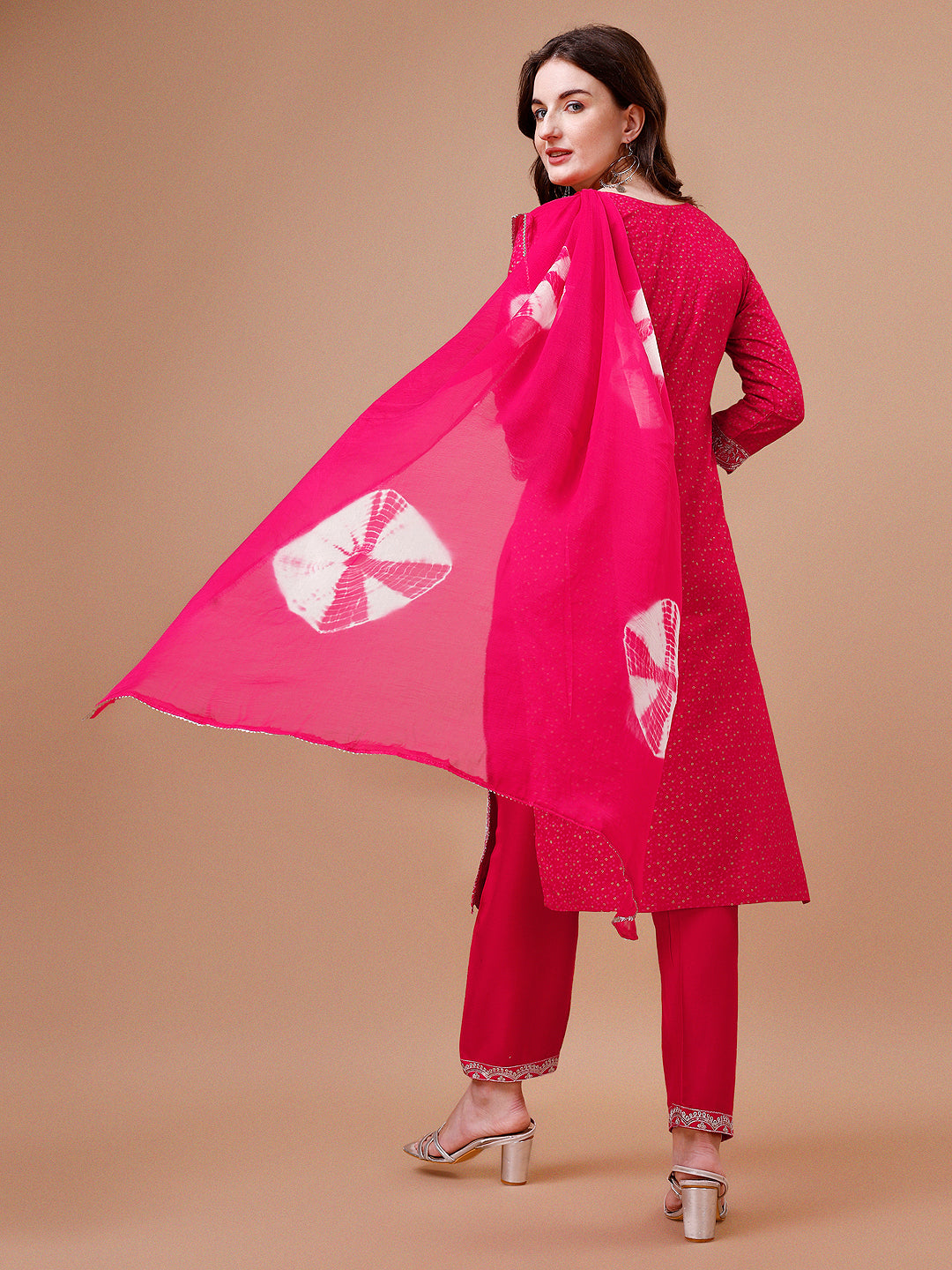 Yoke & Hem Embroidered Bandhani Printed Kurta,Pant & Dupatta Set, Multicolor - Hiral Fashion