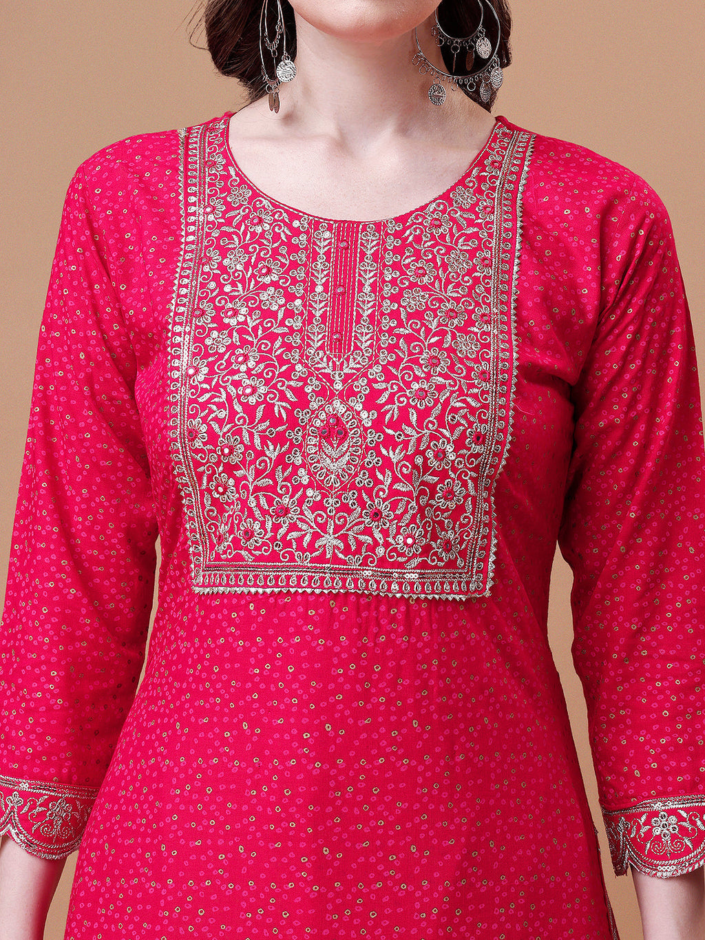 Yoke & Hem Embroidered Bandhani Printed Kurta,Pant & Dupatta Set, Multicolor - Hiral Fashion