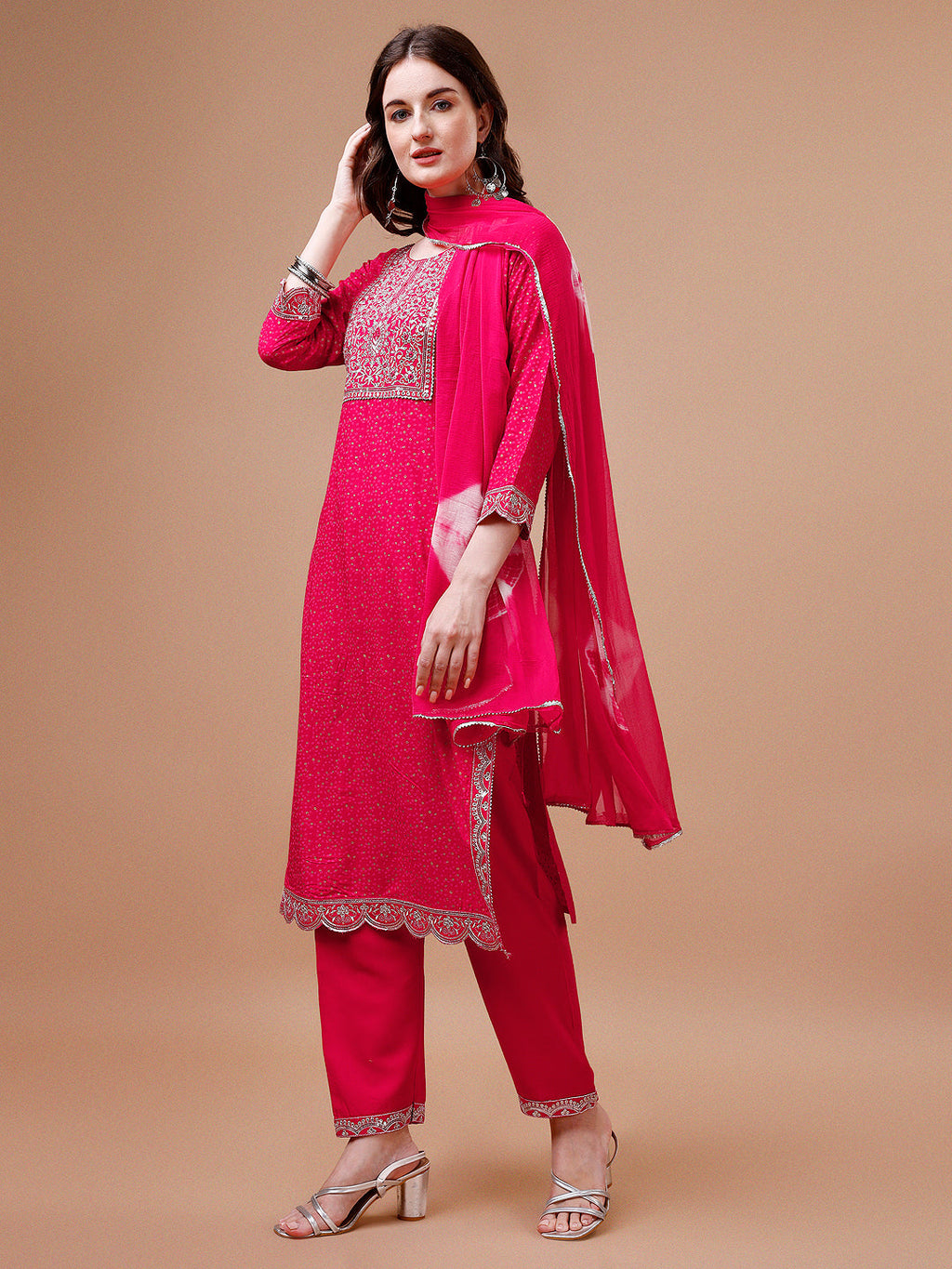 Yoke & Hem Embroidered Bandhani Printed Kurta,Pant & Dupatta Set, Multicolor - Hiral Fashion