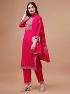 Yoke & Hem Embroidered Bandhani Printed Kurta,Pant & Dupatta Set, Multicolor - Hiral Fashion