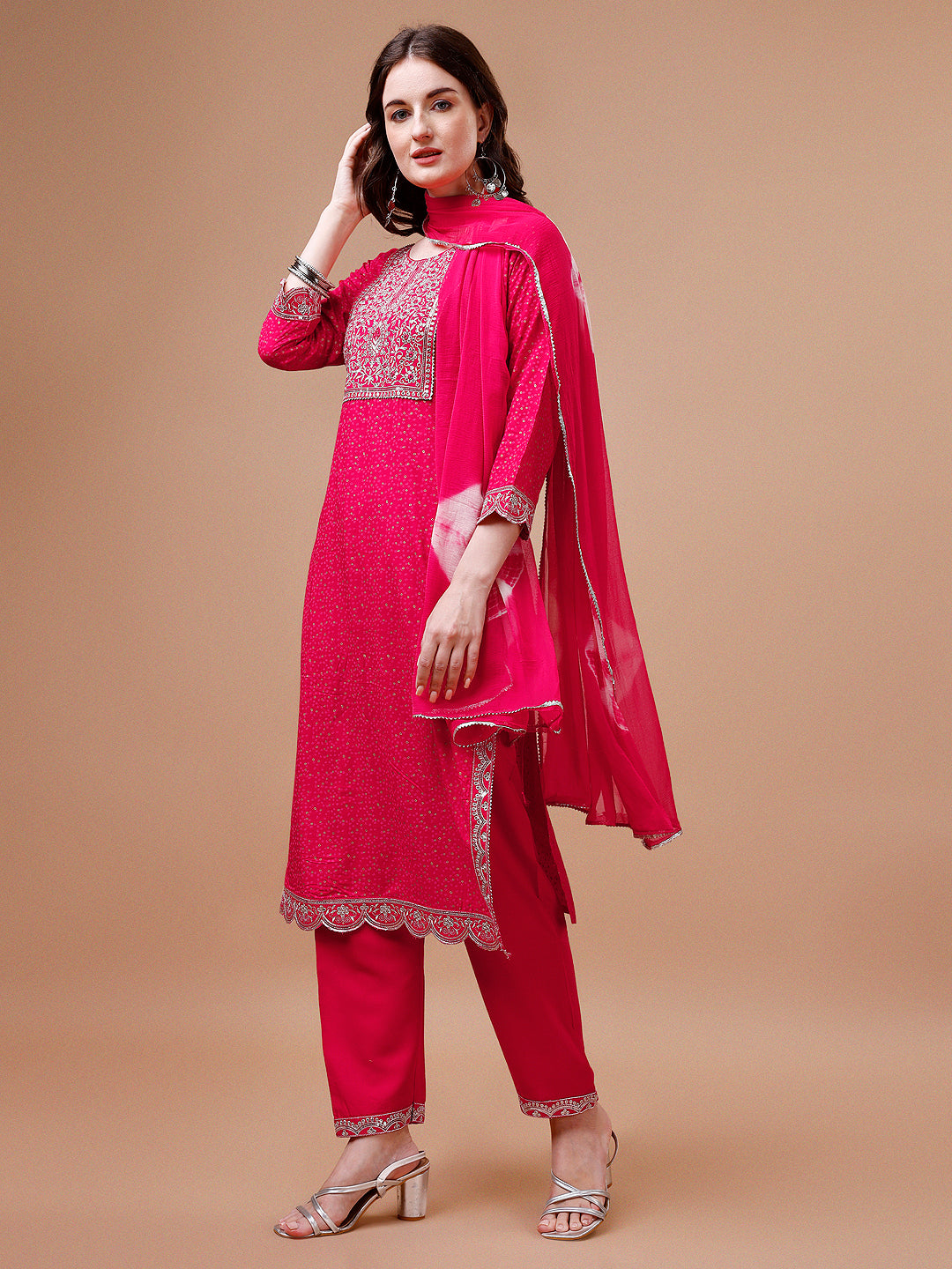 Yoke & Hem Embroidered Bandhani Printed Kurta,Pant & Dupatta Set, Multicolor - Hiral Fashion
