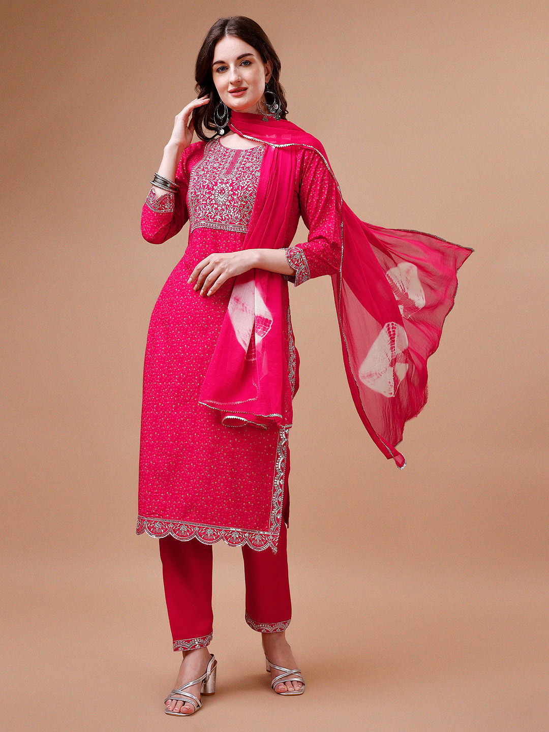Yoke & Hem Embroidered Bandhani Printed Kurta,Pant & Dupatta Set, Multicolor - Hiral Fashion
