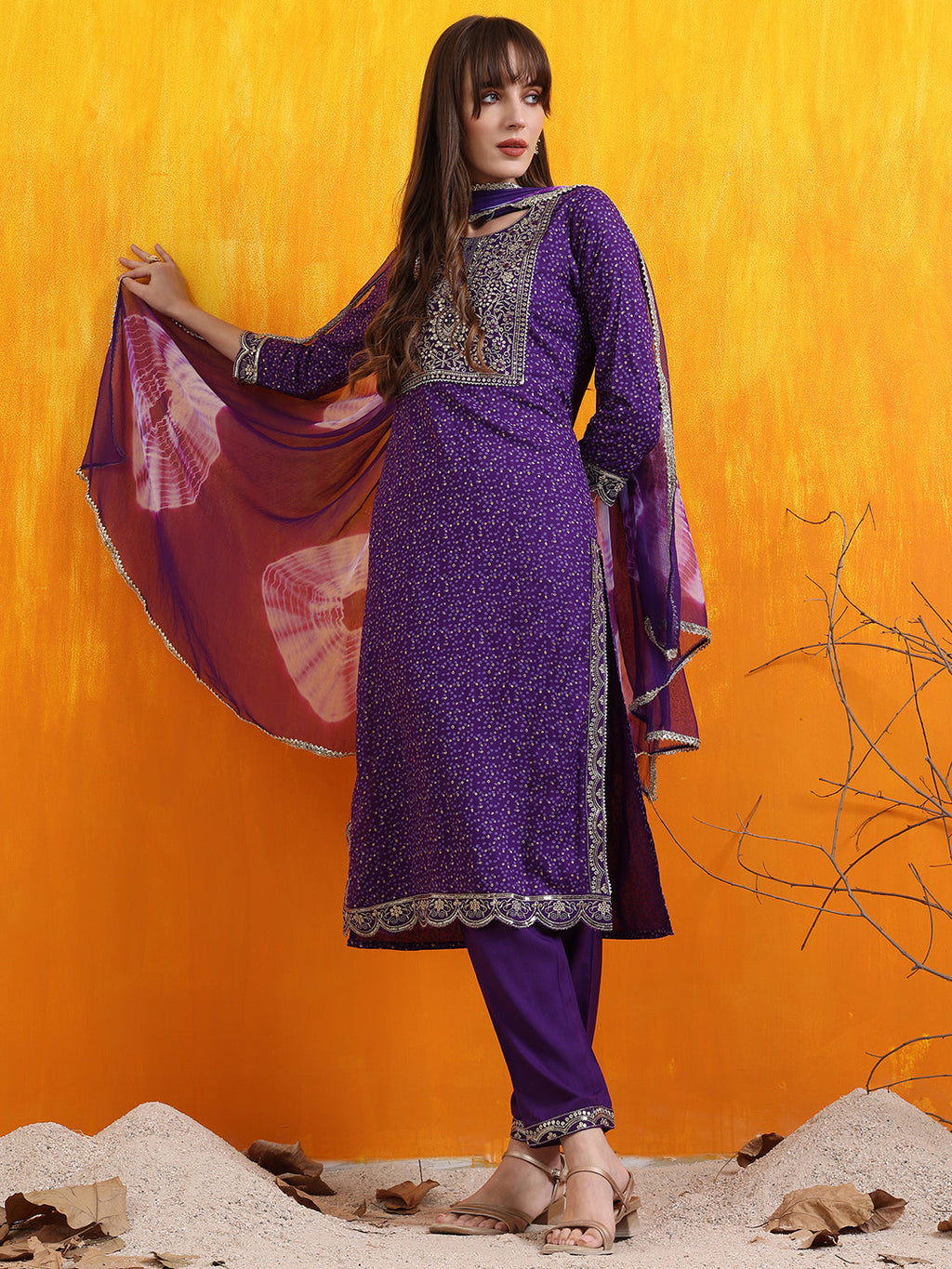 Embroidered & Bandhani Printed Kurta With Pant & Dupatta, Purple - Hiral Fashion