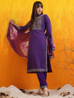 Embroidered & Bandhani Printed Kurta With Pant & Dupatta, Purple - Hiral Fashion