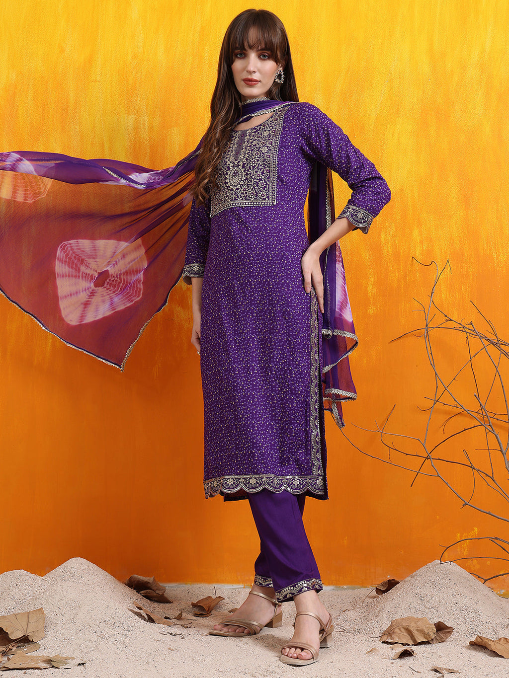Embroidered & Bandhani Printed Kurta With Pant & Dupatta, Purple - Hiral Fashion