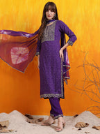 Embroidered & Bandhani Printed Kurta With Pant & Dupatta, Purple - Hiral Fashion