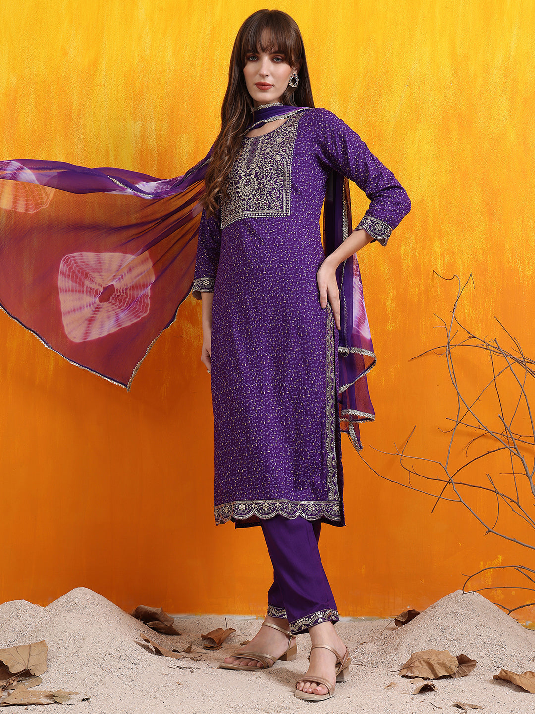 Embroidered & Bandhani Printed Kurta With Pant & Dupatta, Purple - Hiral Fashion