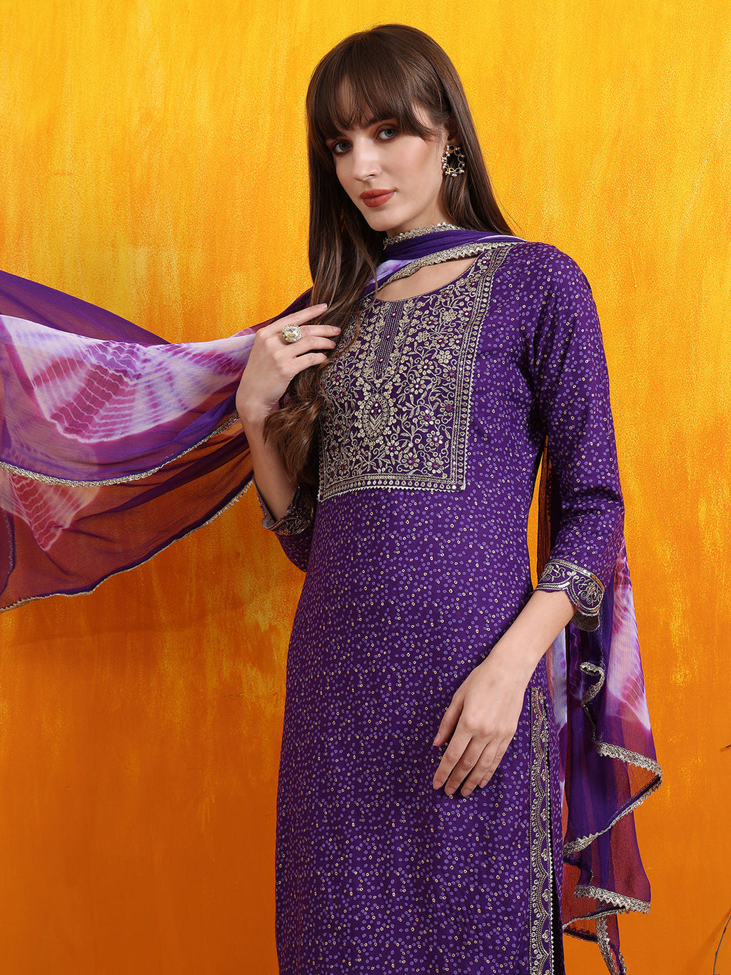 Embroidered & Bandhani Printed Kurta With Pant & Dupatta, Purple - Hiral Fashion