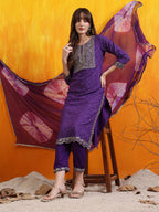 Embroidered & Bandhani Printed Kurta With Pant & Dupatta, Purple - Hiral Fashion