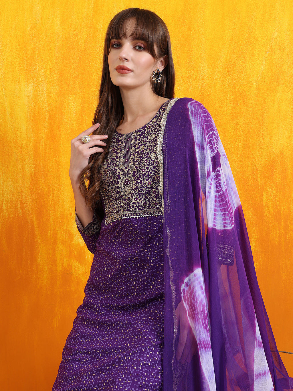 Embroidered & Bandhani Printed Kurta With Pant & Dupatta, Purple - Hiral Fashion