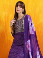 Embroidered & Bandhani Printed Kurta With Pant & Dupatta, Purple - Hiral Fashion