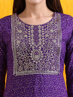 Embroidered & Bandhani Printed Kurta With Pant & Dupatta, Purple - Hiral Fashion