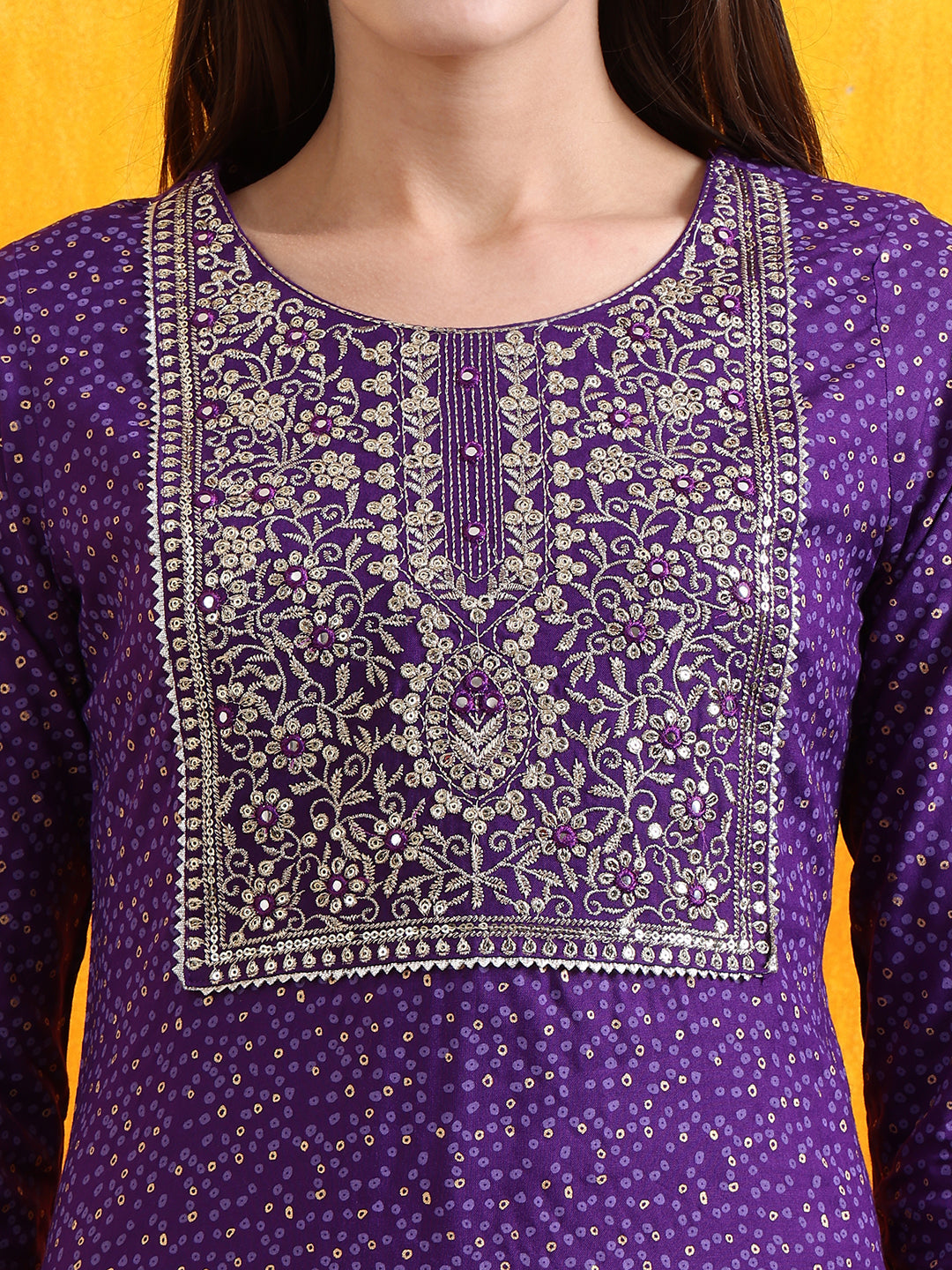 Embroidered & Bandhani Printed Kurta With Pant & Dupatta, Purple - Hiral Fashion