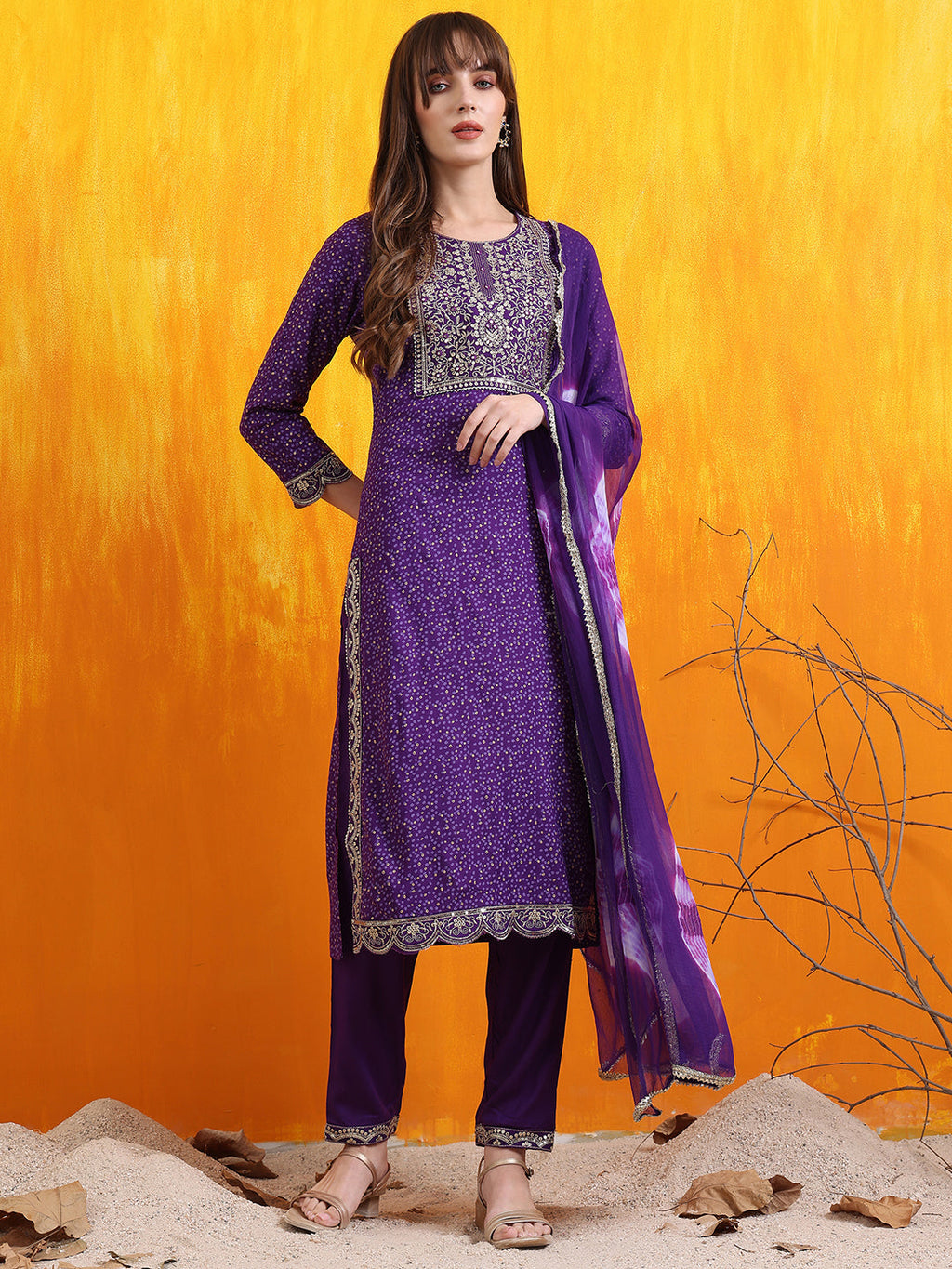 Embroidered & Bandhani Printed Kurta With Pant & Dupatta, Purple - Hiral Fashion