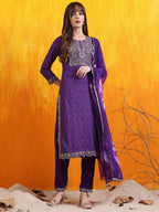 Embroidered & Bandhani Printed Kurta With Pant & Dupatta, Purple - Hiral Fashion