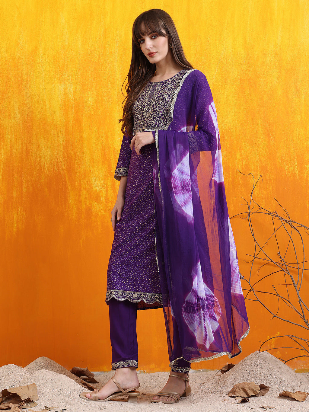 Embroidered & Bandhani Printed Kurta With Pant & Dupatta, Purple - Hiral Fashion