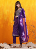 Embroidered & Bandhani Printed Kurta With Pant & Dupatta, Purple - Hiral Fashion