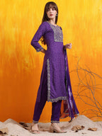 Embroidered & Bandhani Printed Kurta With Pant & Dupatta, Purple - Hiral Fashion