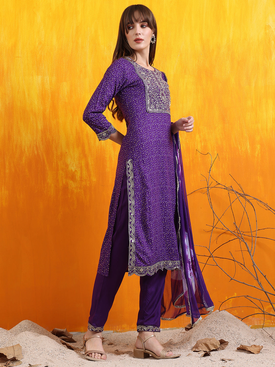 Embroidered & Bandhani Printed Kurta With Pant & Dupatta, Purple - Hiral Fashion