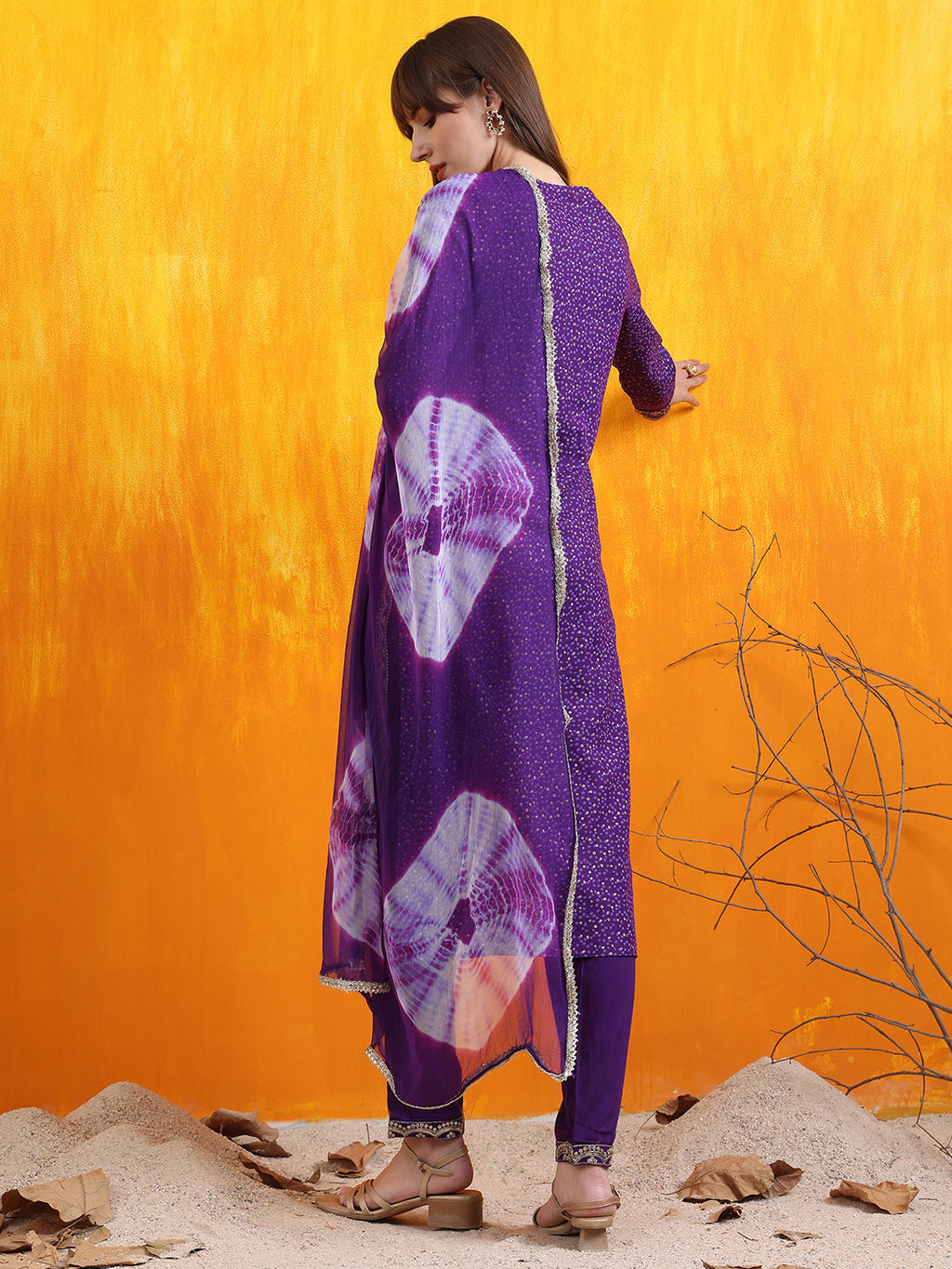 Embroidered & Bandhani Printed Kurta With Pant & Dupatta, Purple - Hiral Fashion