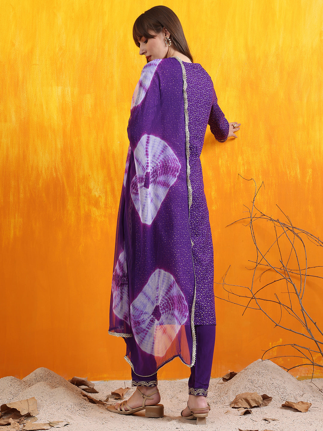 Embroidered & Bandhani Printed Kurta With Pant & Dupatta, Purple - Hiral Fashion