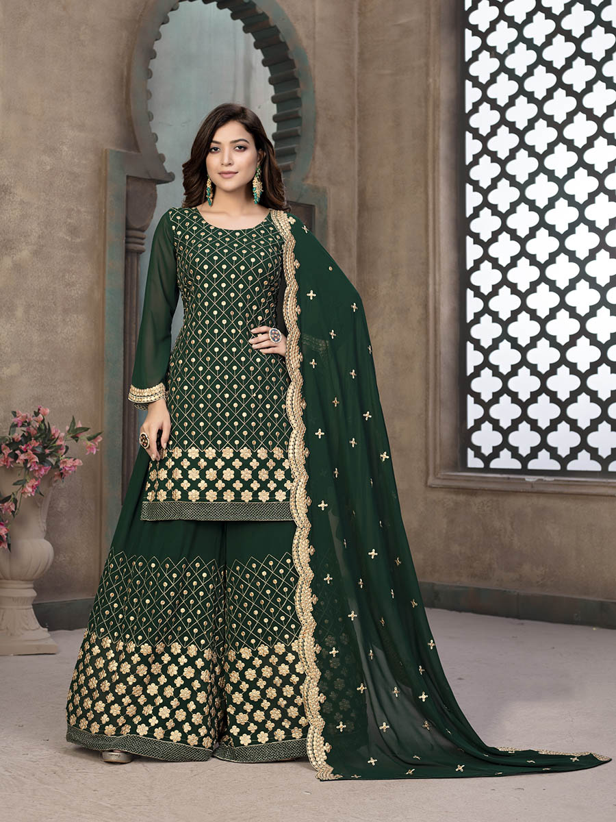Myra Green Embroidered Faux Georgette Palaazo Suit