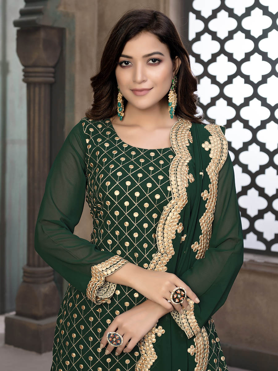 Myra Green Embroidered Faux Georgette Palaazo Suit