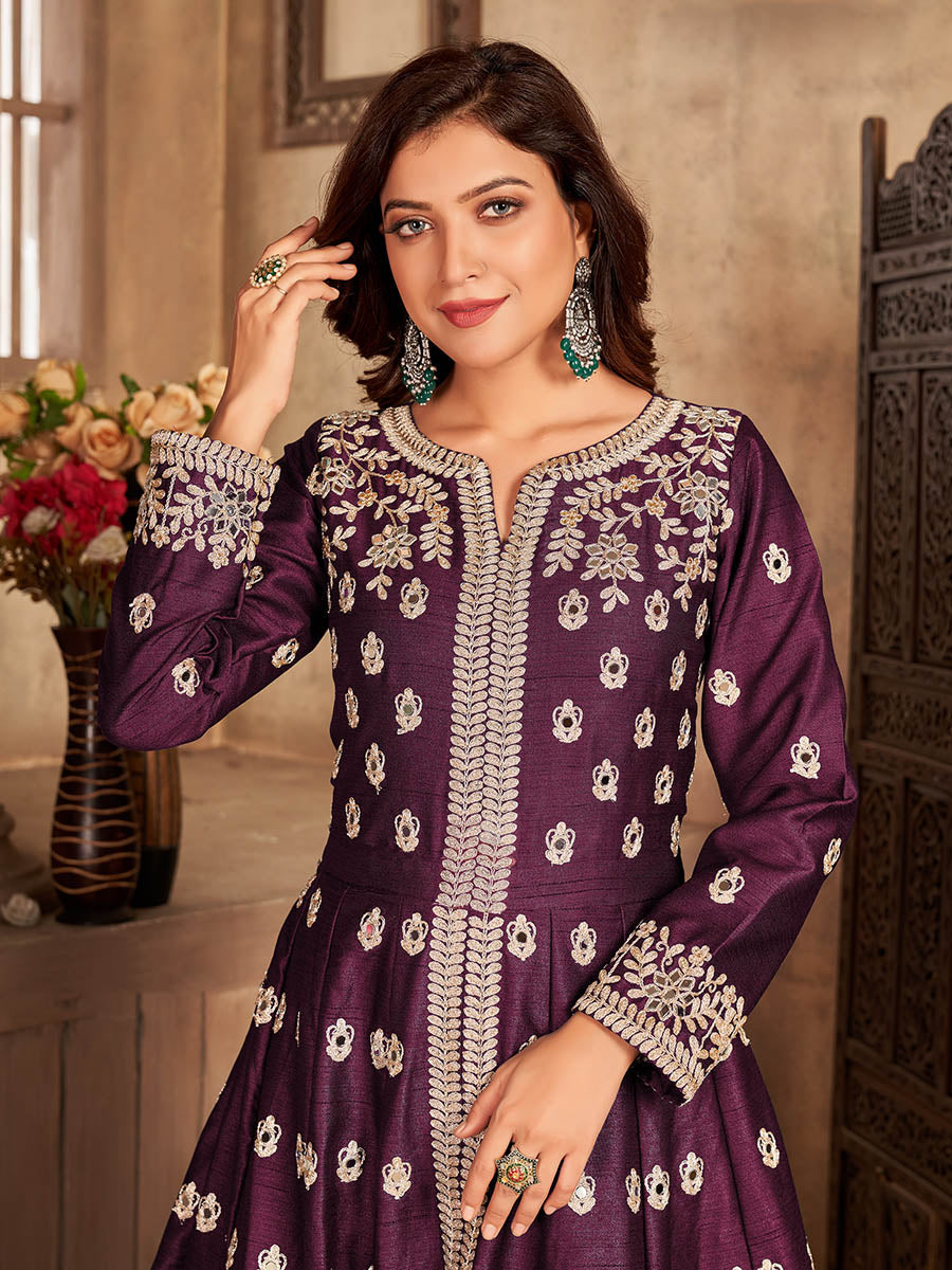 Myra Wine Art silk Embroidered Pant Style Anarkali Suit