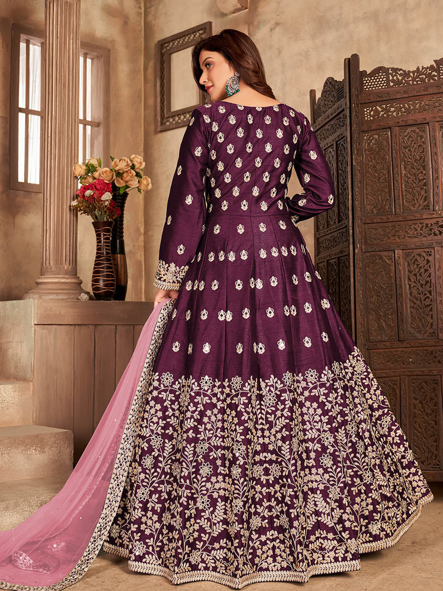 Myra Wine Art silk Embroidered Pant Style Anarkali Suit