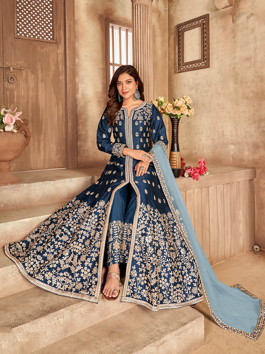Myra Teal Art silk Embroidered Pant Style Anarkali Suit