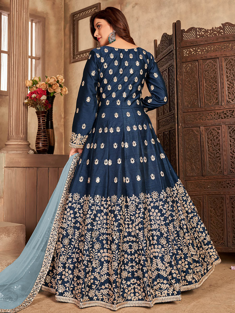 Myra Teal Art silk Embroidered Pant Style Anarkali Suit